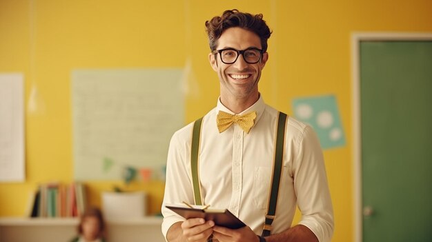 smiley teacher posing in classroom with copy space