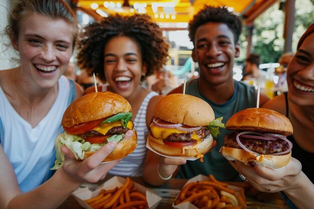 Photo smiley teenagers eating burgers outdoors with drink