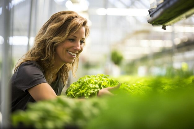 Smiley woman checking for greenhouse foliage