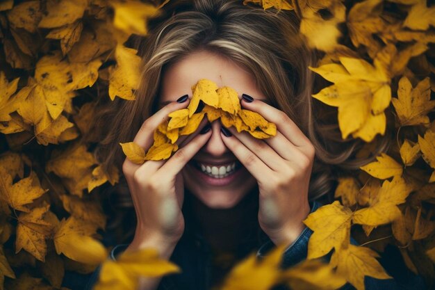 Photo smiley woman covering her eyes with yellow leaves