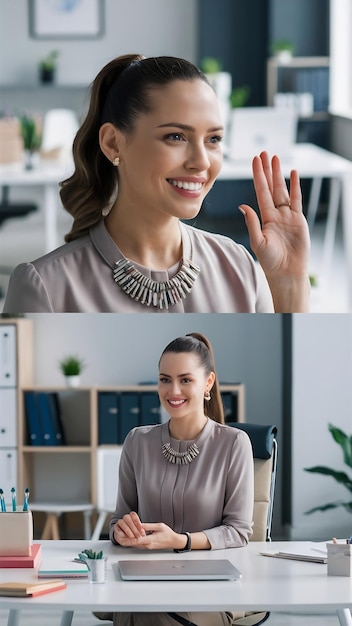 Smiley woman having a video call in the office