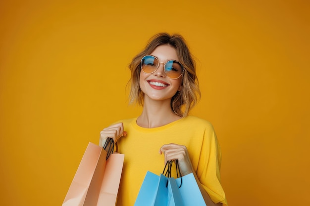 Photo smiley woman holding up her shopping bags