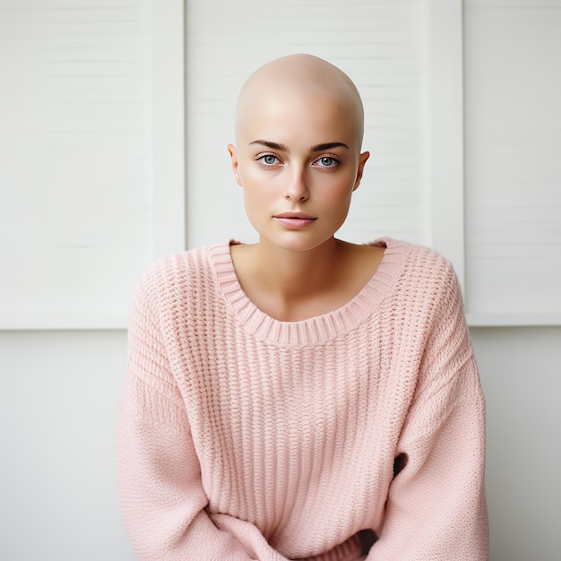 Smiley woman in pink sweater fighting breast cancer Generative AI