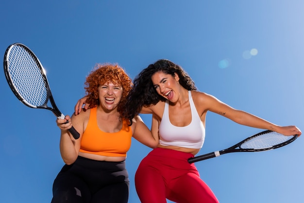 Smiley women with rackets low angle