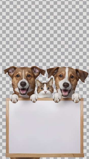 Photo smiling 2 dog and 1 cat peeking over a blank white board on transparency background png