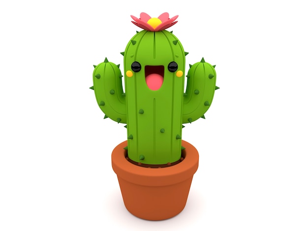 Smiling 3D cactus character with a pink flower inside a flowerpot on an isolated white bac