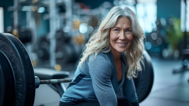 Photo smiling 50yearold woman doing a singleleg deadlift highlighting her abs with a blurred gym backdrop