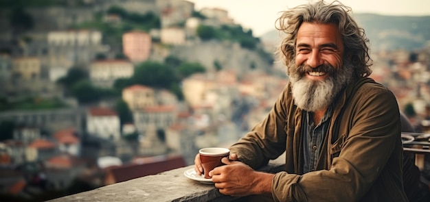 Smiling adult bearded man enjoying morning cup of coffee in old city cafe copy space Generative AI