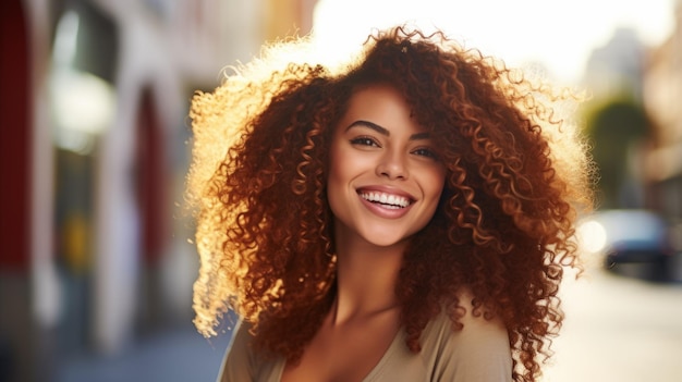 Smiling Adult Latino Woman with Red Curly Hair Photo Portrait of Casual Person in City Street Photorealistic Ai Generated Horizontal Illustration