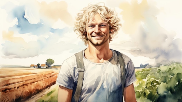 Smiling adult white man with blond curly hair watercolor illustration