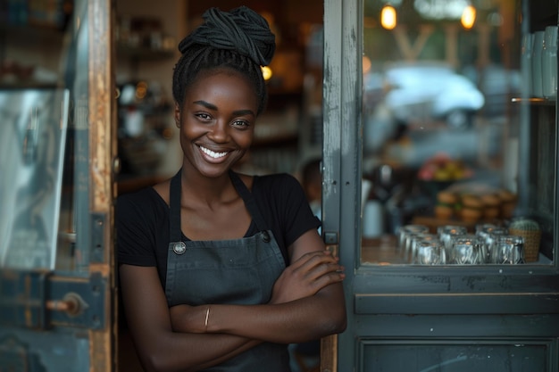 Smiling African American barista at trendy cafe