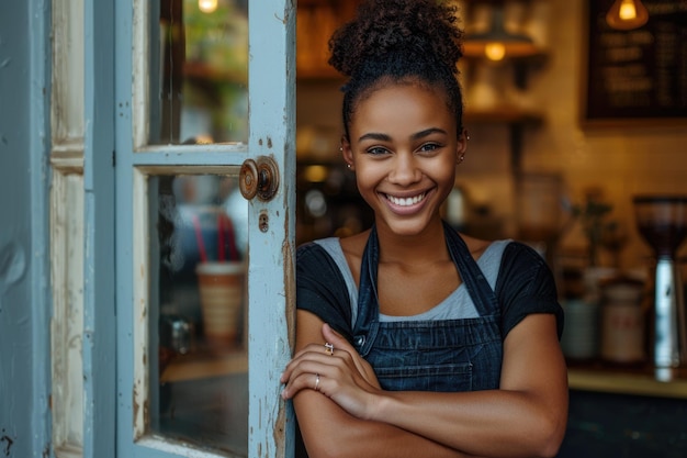 Smiling African American barista at trendy cafe