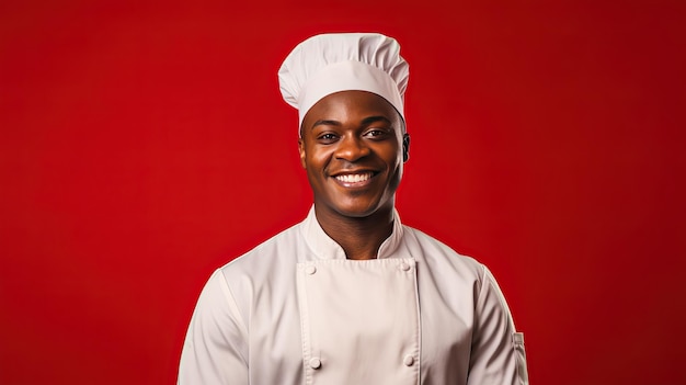 Smiling African American chef s portrait on red background with space for text