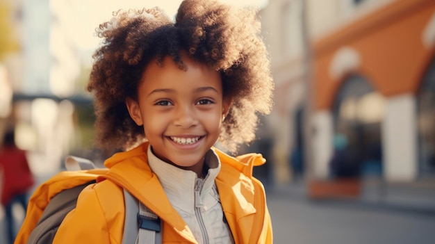 Smiling african american child schoolgirl with backpack going to school