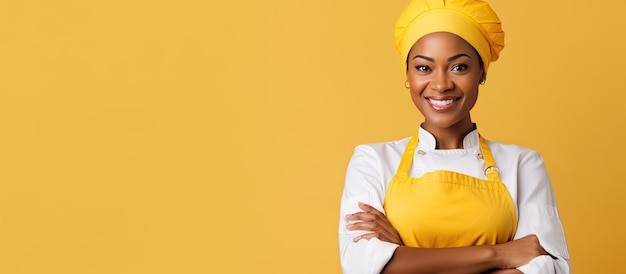 Smiling African American female chef holding oven mitt against yellow background