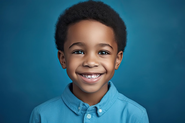 Smiling African American Kid Boy Portrait on Blue Background Happy Children's Face Photography