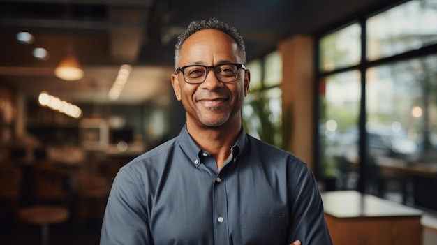 smiling african american man in glasses front of window in office in the style of sustainable design