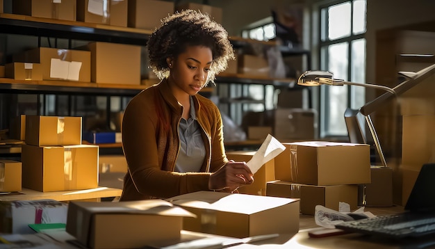 Smiling african american woman in new home with cardboard boxes