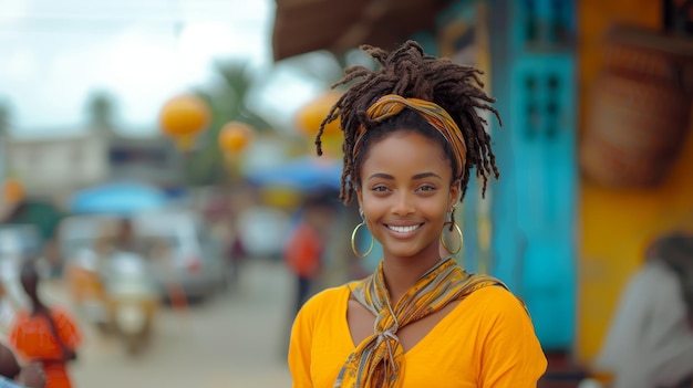 Smiling African American Woman with Dreadlocks Wearing Yellow in Urban Outdoor Market Setting