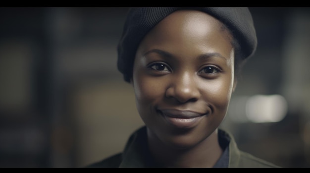 A smiling African female electronic factory worker standing in factory