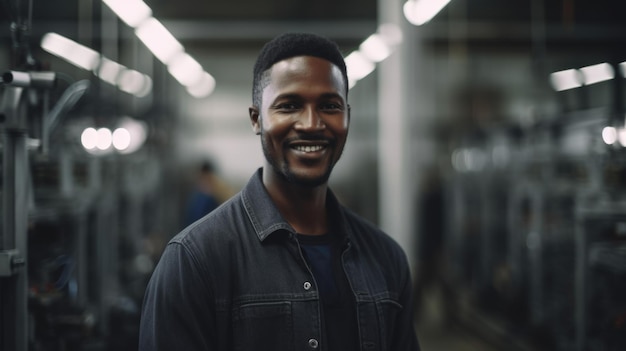 A smiling African male electronic factory worker standing in factory