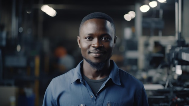 A smiling African male electronic factory worker standing in factory