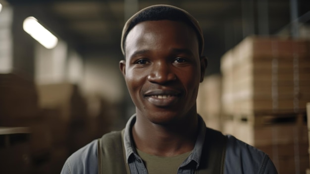 A smiling African male factory worker standing in warehouse