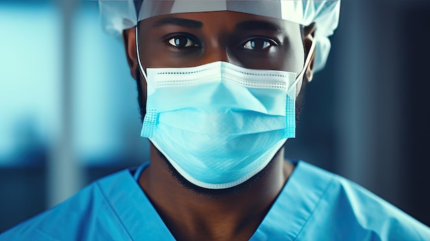 Smiling African male surgeon wearing a mask looking at camera blue background copy space banner