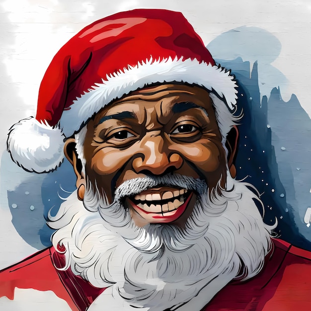 Smiling african Santa Watercolor painting style generative AI illustration for Christmas