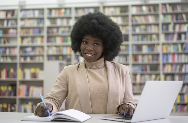 Smiling African university student using laptop studying taking notes Online education concept