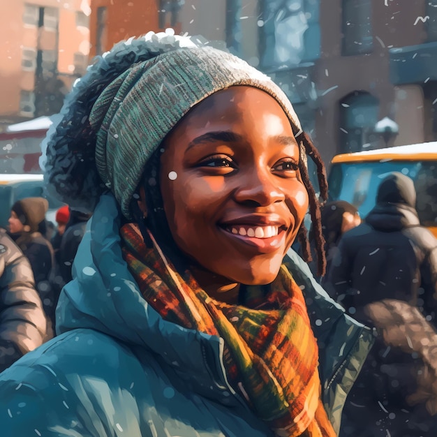 Smiling African Woman in a City in a Snowy Winter