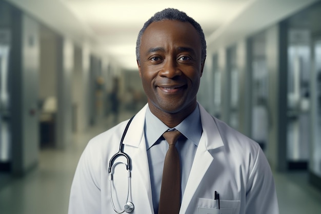 Smiling africanamerican senior doctor hospital portrait