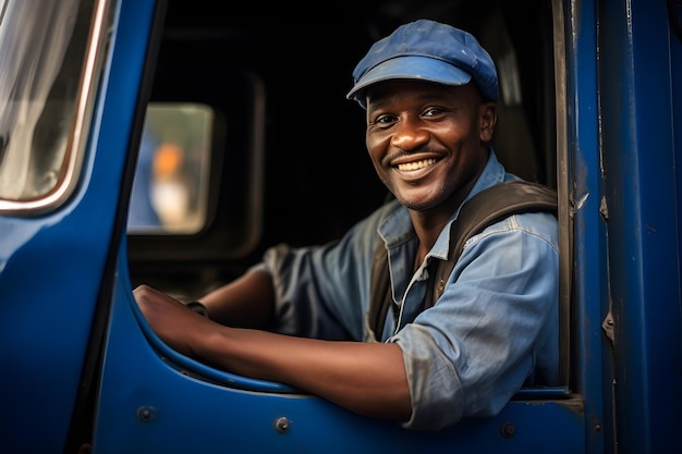 a smiling afro black man in a blue truck