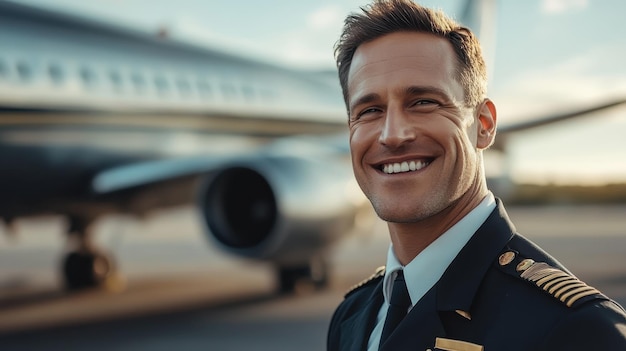 Photo smiling airline pilot in uniform standing in front of airplane on tarmac at sunset