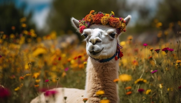 Smiling alpaca grazes in lush green meadow generated by AI