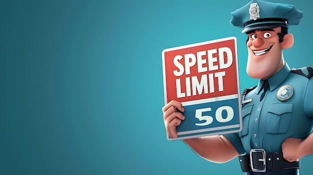 Smiling animated police officer standing next to a 50 speed limit sign on a blue background