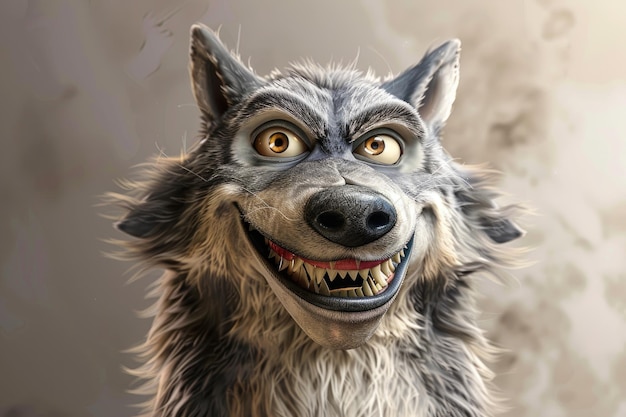 Photo smiling animated wolf character with sharp teeth and expressive eyes