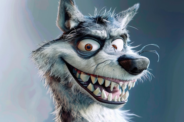 Photo smiling animated wolf character with sharp teeth and expressive eyes