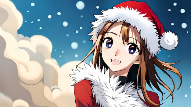 Smiling anime girl with Christmas hat Generative AI illustration with copy space