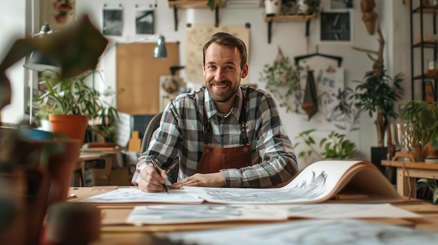 Smiling Artist Working on Drawing in His Studio