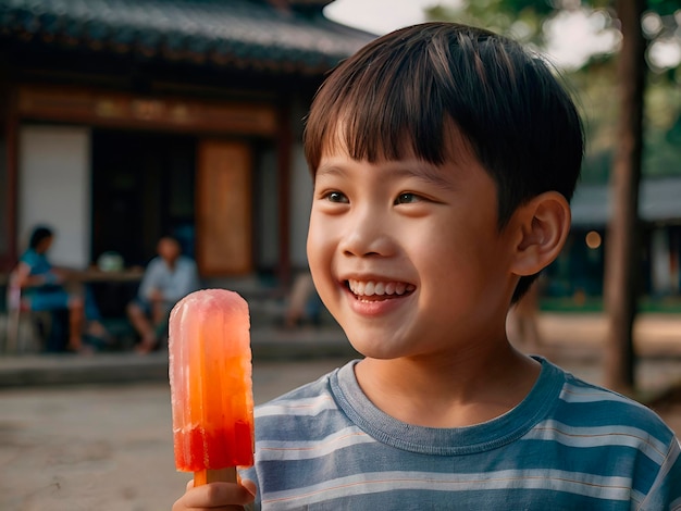 Smiling Asian boy with a popsicle and parents chatting in the background