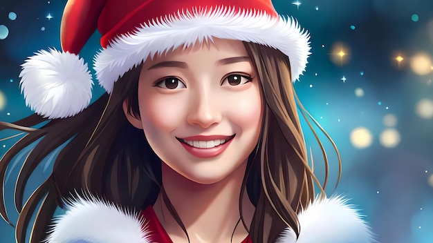 Smiling asian child girl with Santa hat Generative AI illustration for Christmas