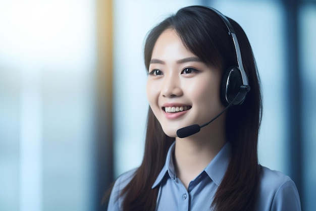 Smiling asian customer support phone operator with headset on white background