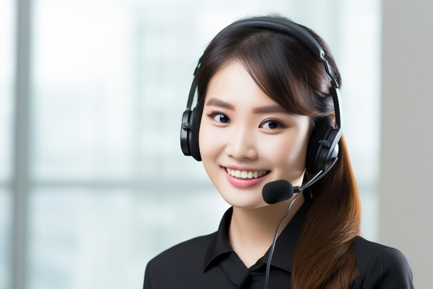 Smiling asian customer support phone operator with headset on white background