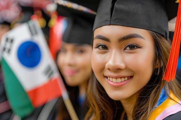 Smiling Asian Graduate Holding Flag at Multicultural College Graduation Ceremony