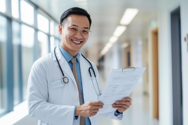 Photo smiling asian male doctor white coat reviewing patient records modern hospital corridor