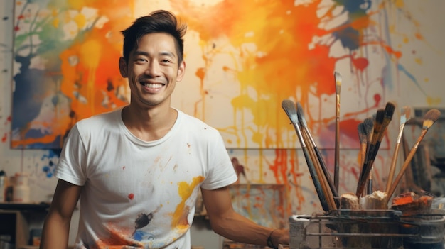 Smiling Asian man artist next to his artwork in an art studio Concept of artistic talent fine arts creative process interesting hobby exciting leisure time oil painting