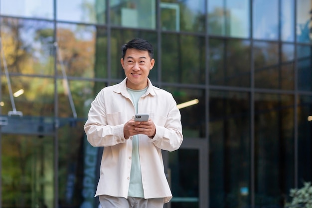 Smiling asian man in casual shirt walking in city using app on smartphone man looking to side on