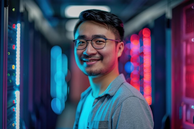 Smiling Asian Man Data Center Neon Lights IT Specialist Cyber Security Technology Concept