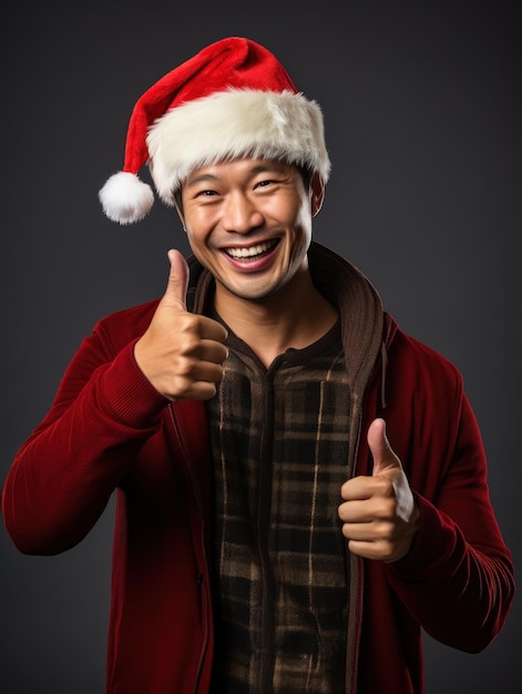 Smiling asian man wearing santa hat and pointing thumbs up isolated on dark background